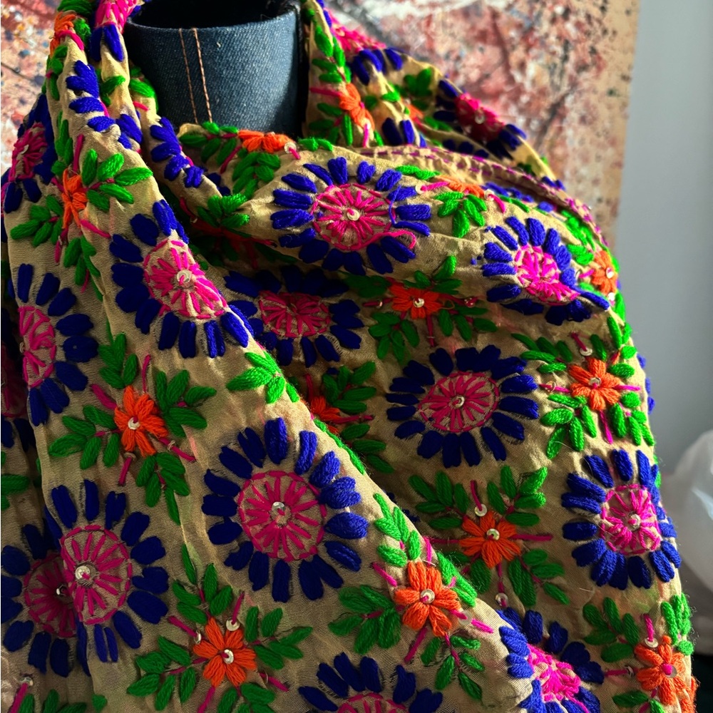 Giant Hand-Stitched Floral Embroidered Scarf